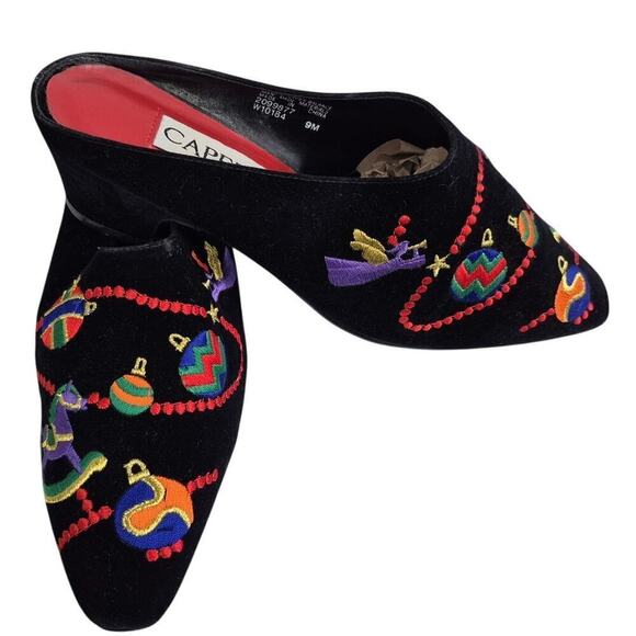 VTG 80s Capezio Black Velvet Holiday Mules Heels Holiday Themed Sz 9 - Picture 3 of 9